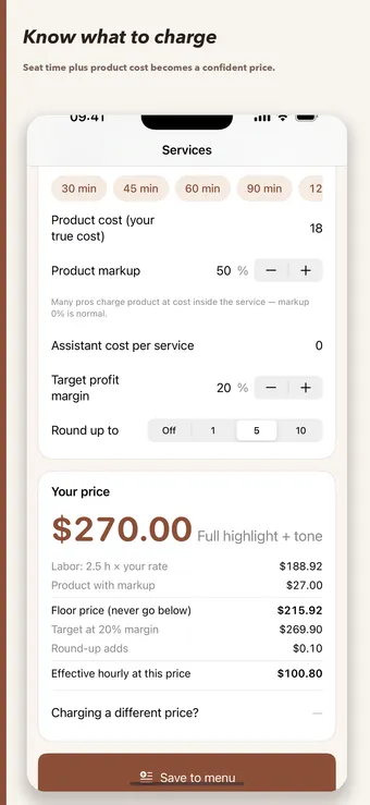 Salon Pricing Calculator showing seat time, product cost, floor price, target margin, and a rounded service price